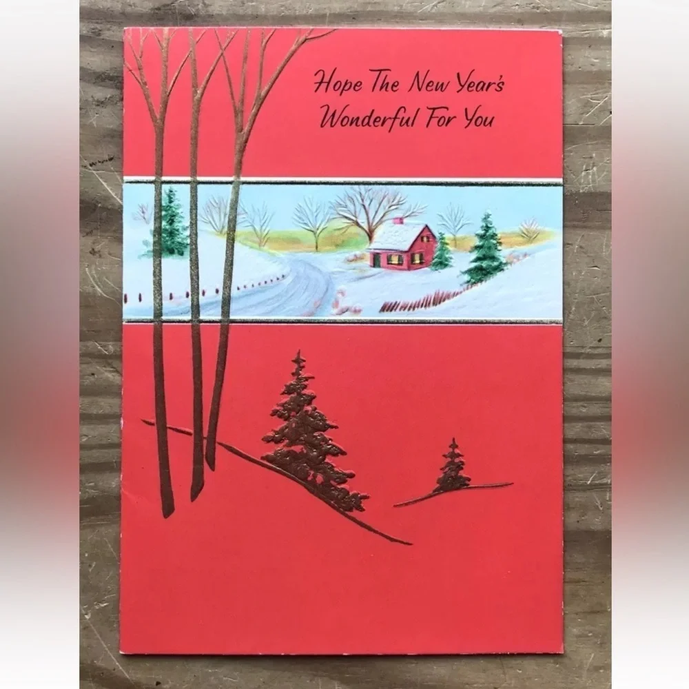 Vintage Gibson Winter Cabin In Snow Pine Trees New Year’s Card Junk Journaling